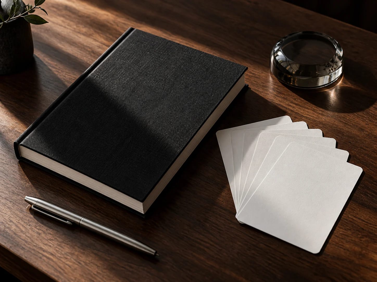Notebook and task cards arranged on a desk.