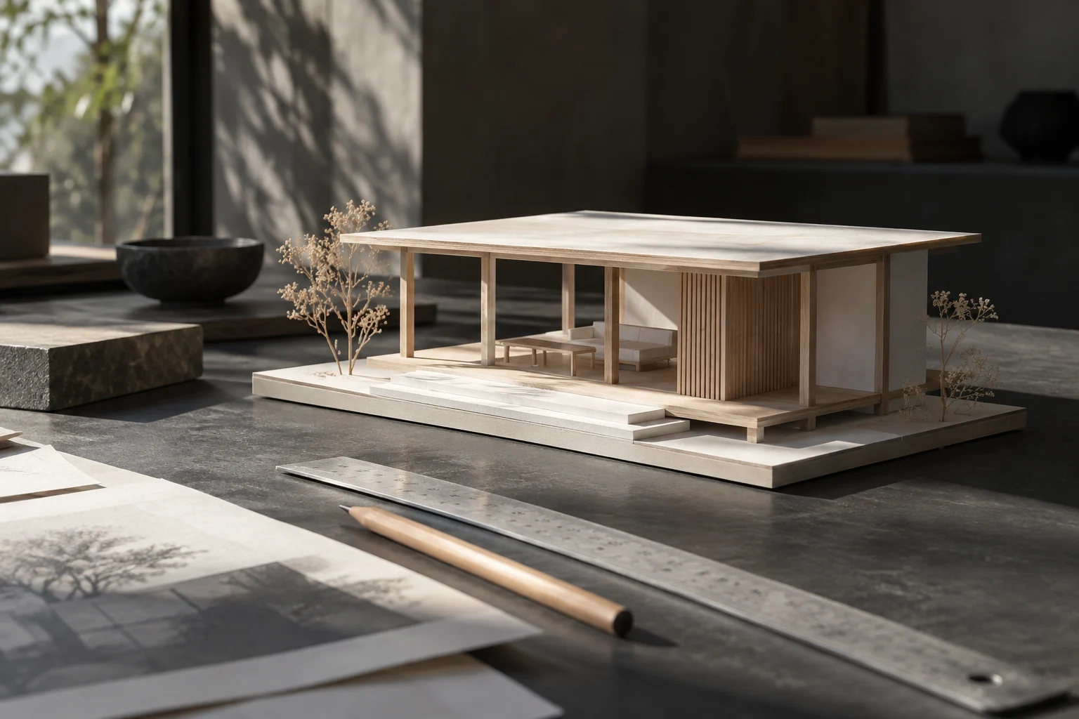 A small architectural study model on a worktable.