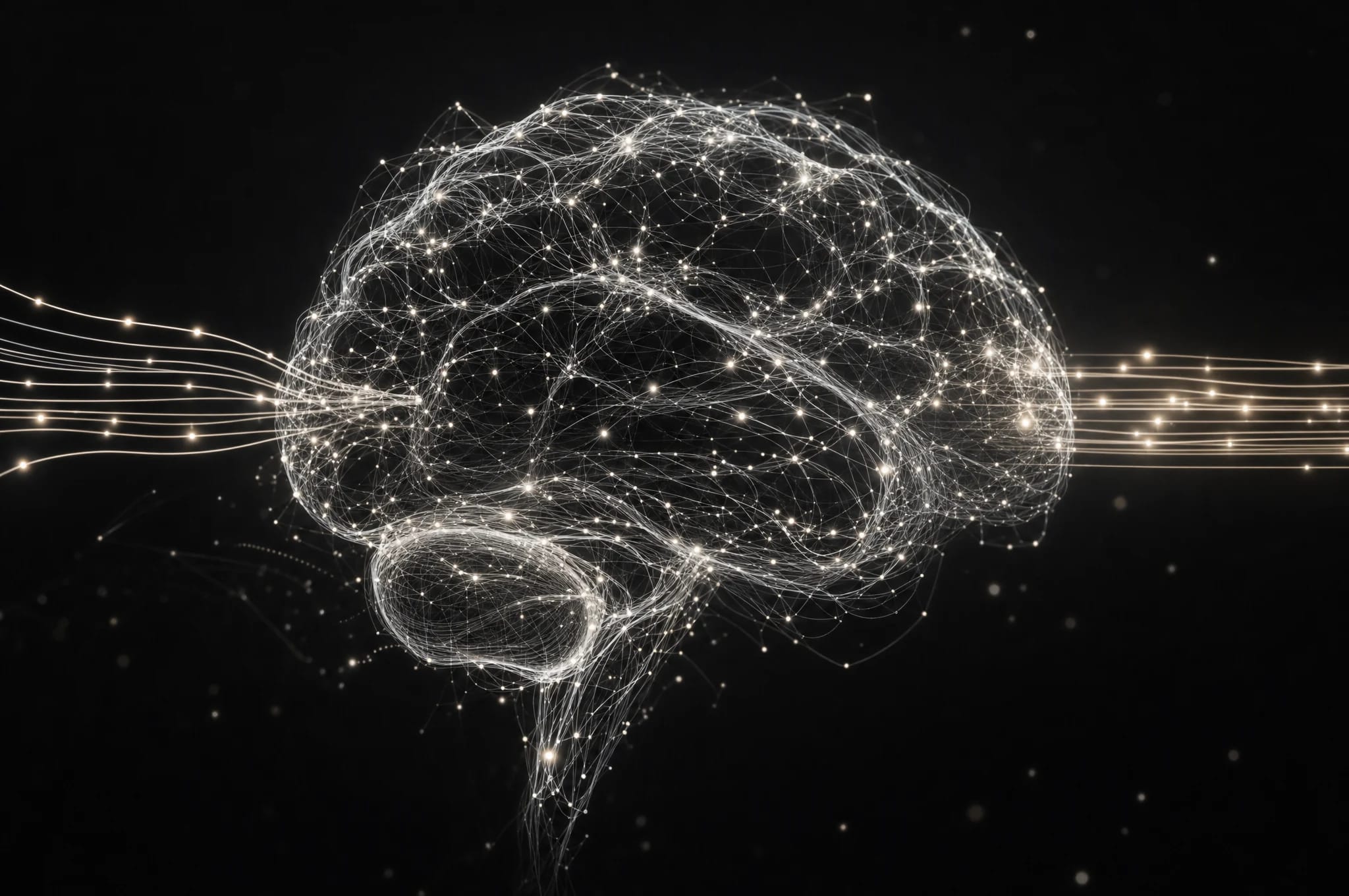 An abstract neural brain with luminous data flowing through it, representing one AI employee processing a workflow.