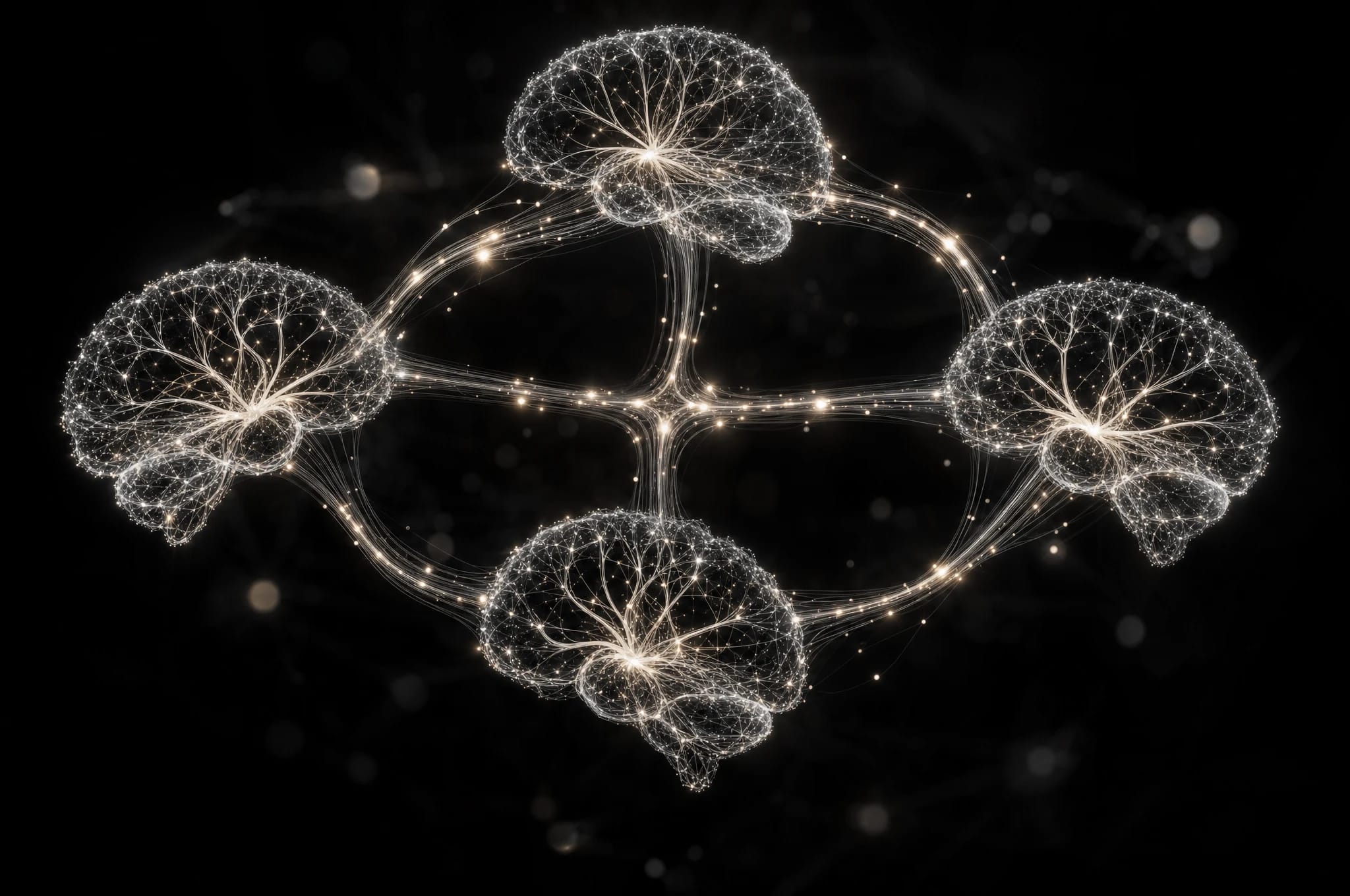 Four luminous neural brains exchanging signals through connected pathways, representing a coordinated team of AI agents.
