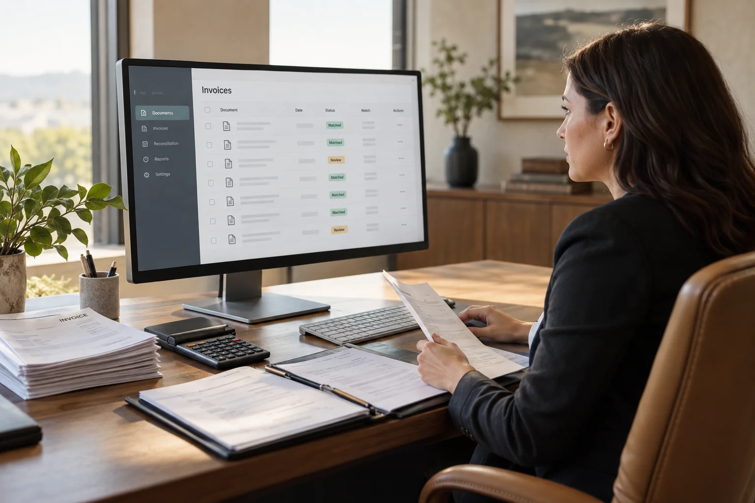 A finance professional reviewing invoices and automated matching checks.