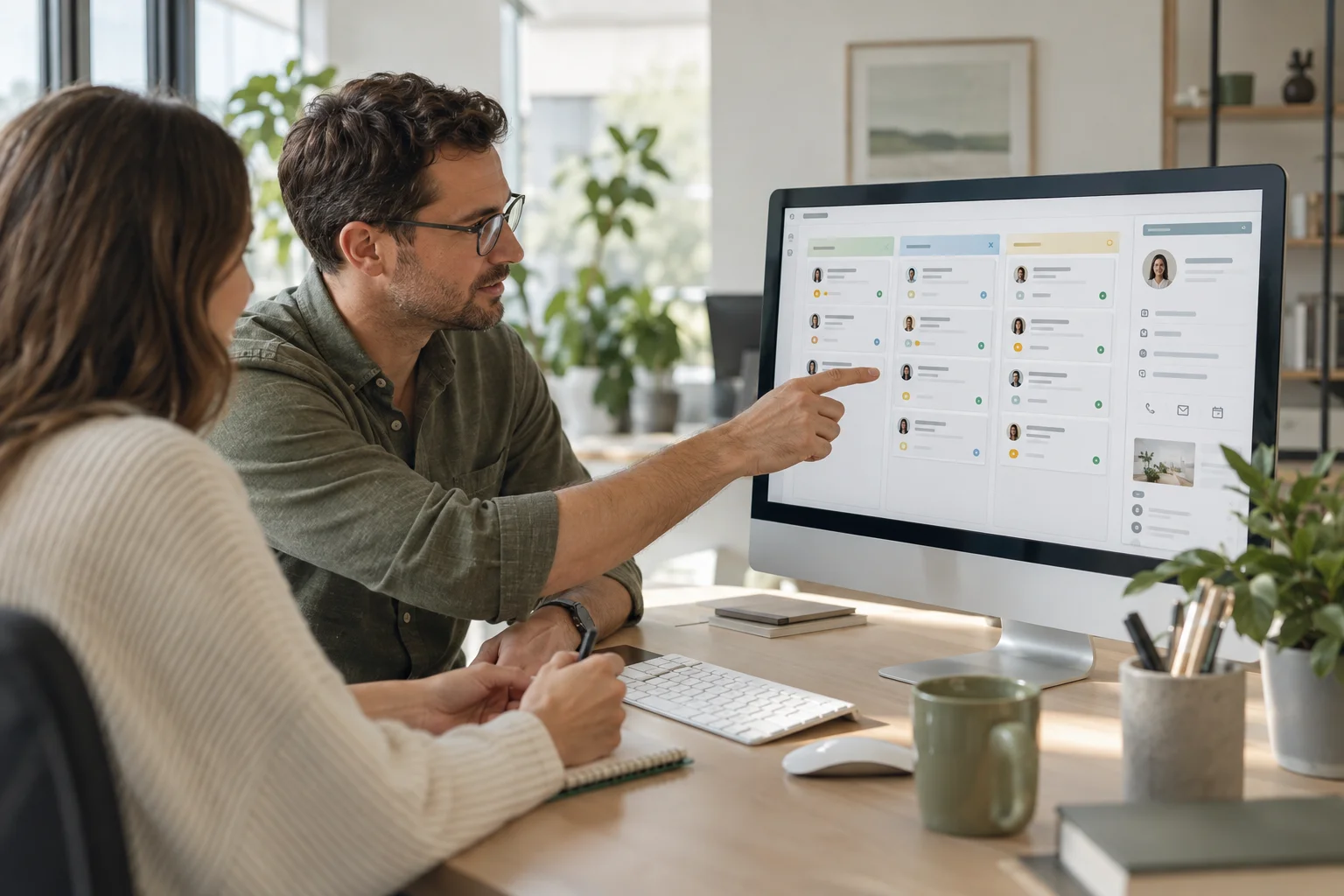 A client relationship manager reviewing customer opportunities and follow-up in a CRM.