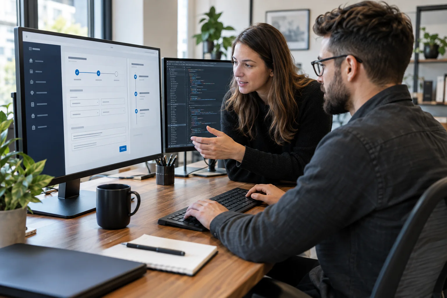 A developer and business manager building an application around a business workflow.