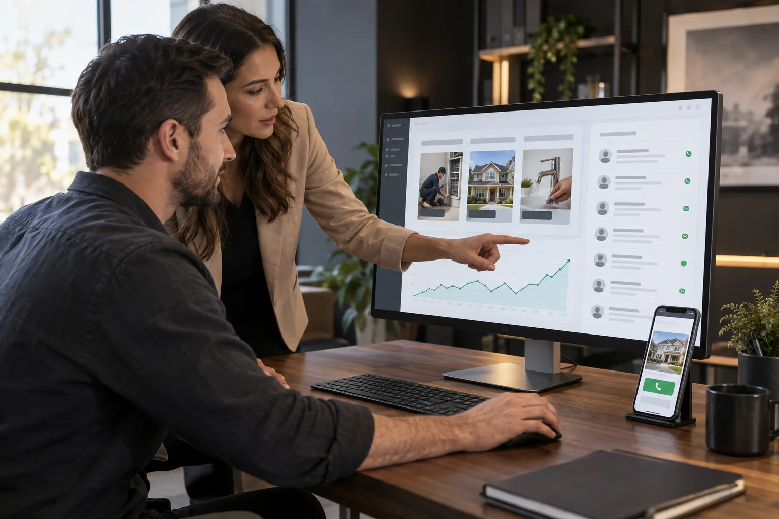 Advertising and sales specialists reviewing digital ads, campaign performance and incoming customer enquiries.