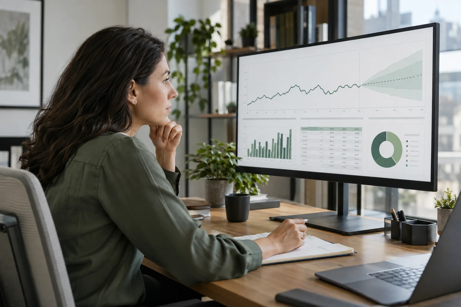 An analyst reviewing demand forecasts and business data on a large display.