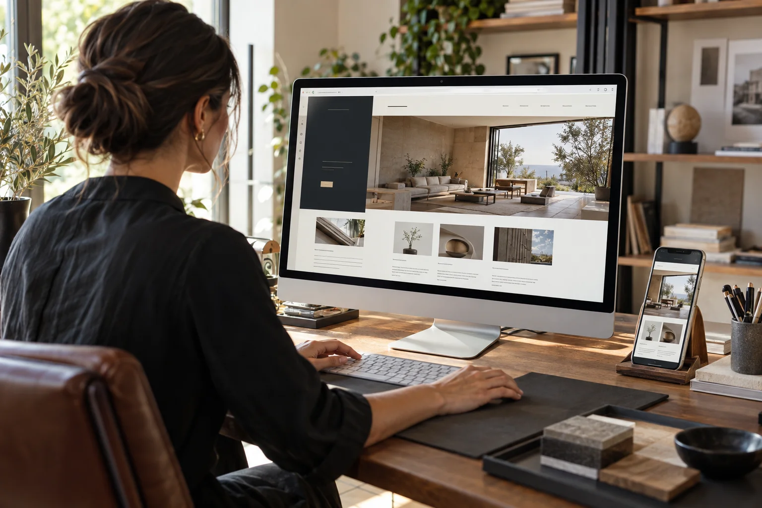 A website designer reviewing a responsive business website on desktop and mobile.